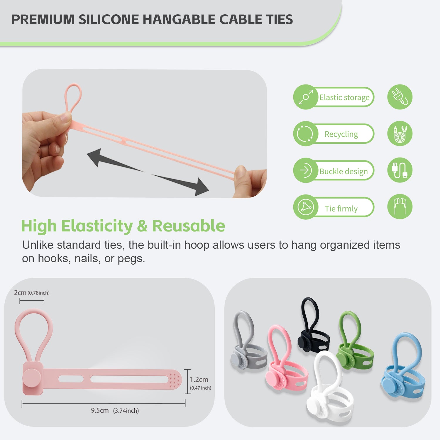 6 PCS Silicone Cable Ties - Reusable Cord Organizer with Hanging Loop
