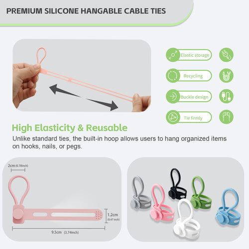 6 PCS Silicone Cable Ties - Reusable Cord Organizer with Hanging Loop