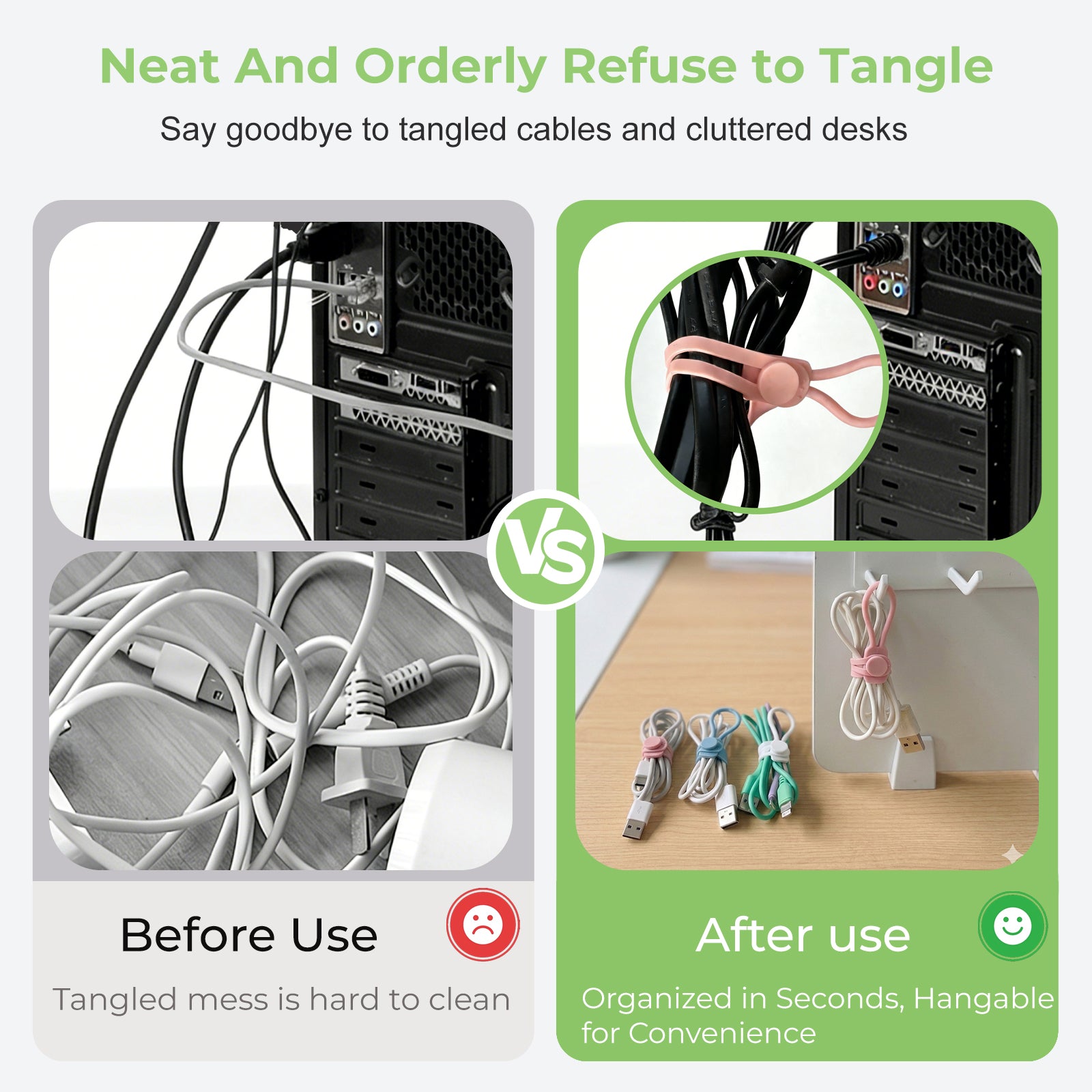 6 PCS Silicone Cable Ties - Reusable Cord Organizer with Hanging Loop