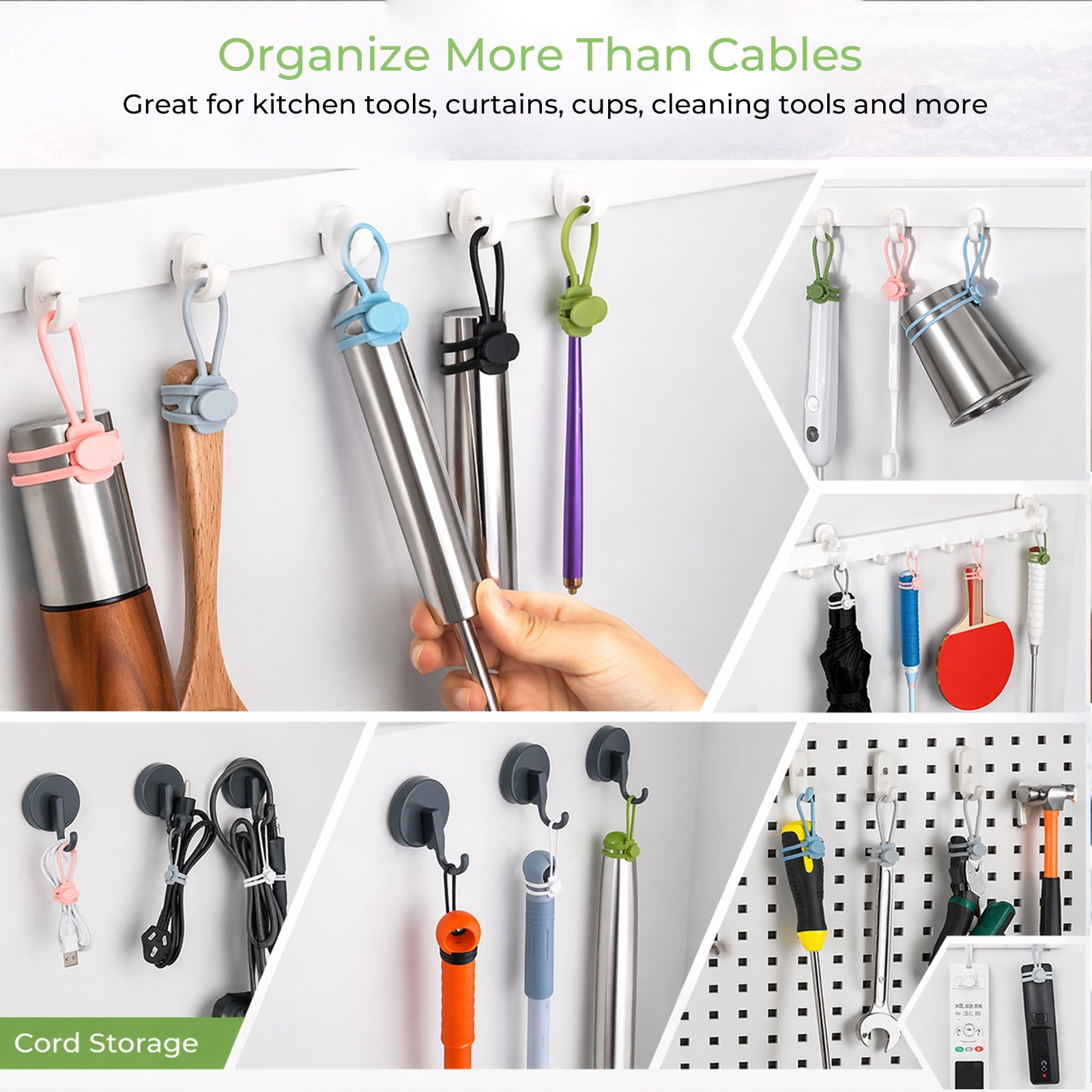 6 PCS Silicone Cable Ties - Reusable Cord Organizer with Hanging Loop